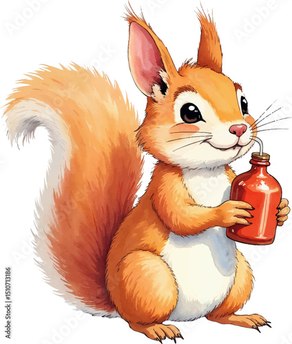 Squirrel with syrup bottle in watercolor style illustration embodies care and warmth perfect for Medical Day themes, kids illustration
