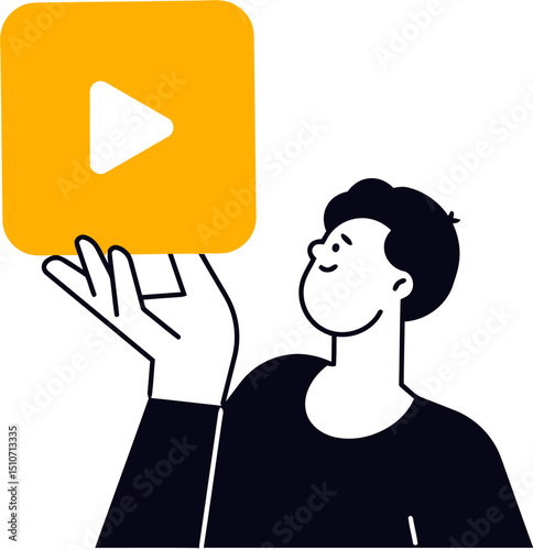 Cartoon man holding video play button for online content creation and social media marketing vector art vector art illustration
