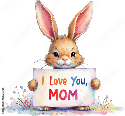 Sweet bunny holding I Love You Mom card in watercolor style perfect for Mother's Day celebrations, kids illustration