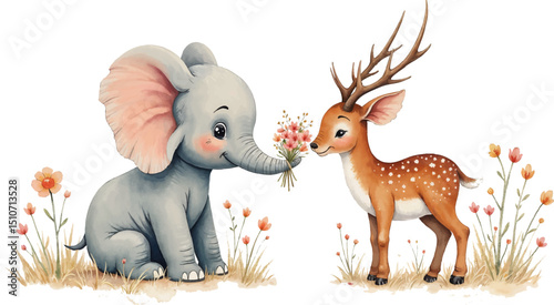 Warm illustration of a baby elephant gifting flowers to a gentle fawn in a tranquil meadow setting, kids illustration