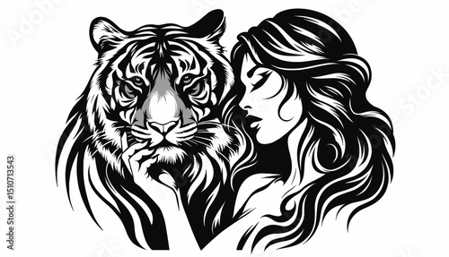 Woman with tiger in fantasy black tattoo style, Chinese zodiac vector