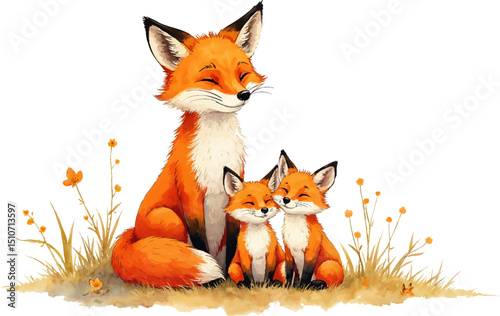 Warmhearted fox sits with playful cubs in a watercolor illustration for Family Day celebrations, kids illustration