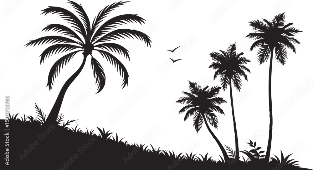 Fototapeta premium silhouette of palm trees on the beach with birds flying in the sky