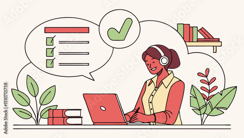 Woman works from home using laptop completing tasks