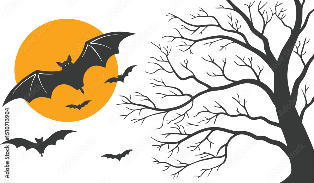 Naklejka premium halloween silhouette with bats and tree , moon
