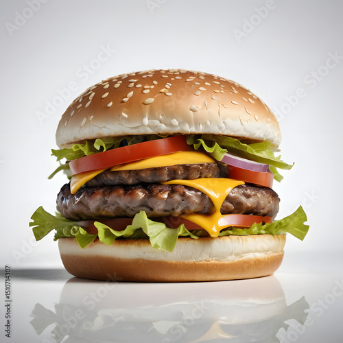 Isolated image of a cheeseburger on white background, sharp focus, minimal shadows