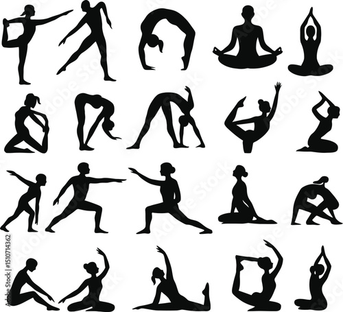 Silhouette of people jumping dancing and exercising in fitness poses