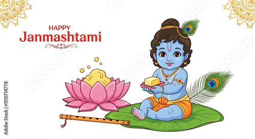 Illustration of baby krishna celebrating janmashtami with traditional elements and festive decorations