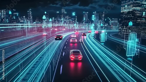 Futuristic cityscape with glowing digital elements and self-driving cars navigating urban highways at night