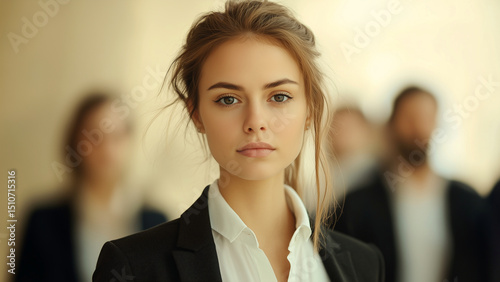 Proud Caucasian female job candidate stands at forefront, blurred competitors behind her, White woman, best job candidate, professional suit, job interview, Caucasian woman