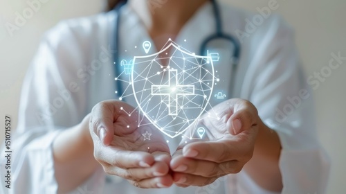 Hands grasp digital shield with medical cross  symbolizing healthcare innovation and cybersecurity