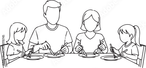 line art of a family of four enjoying a meal together
