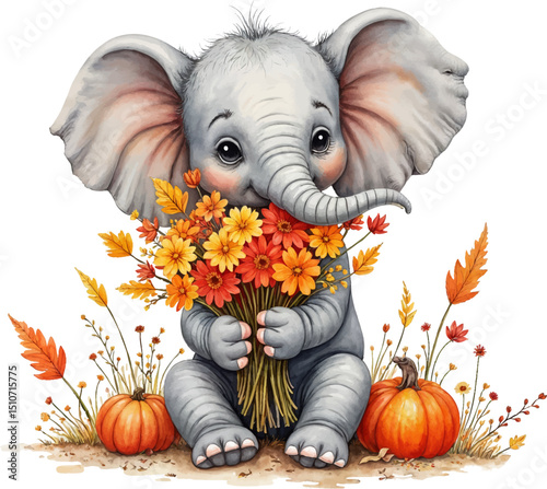 Baby elephant joyfully cradles autumn flowers while surrounded by pumpkins and falling leaves, kids illustration