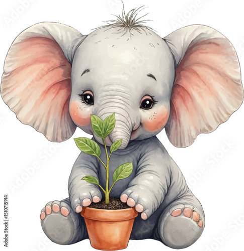 Baby elephant joyfully holds a sapling in a pot while surrounded by gentle earth tones in a watercolor illustration, kids illustration