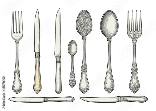 Ornate cutlery linear style icon set. elegant flatware, silverware symbols