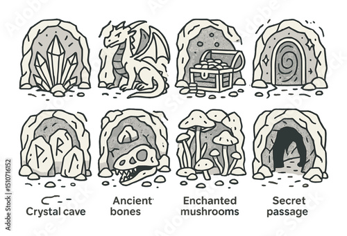 Fantasy cave icon set. flat style symbols for magic and adventure themes