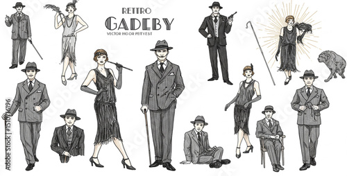 Vector art deco people set. Gatsby style set. Group of retro woman and man. design in 20's style. sketch style mafia and gangster