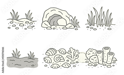 Marine habitat icon set in linear style. ocean and sea life symbols for ecology