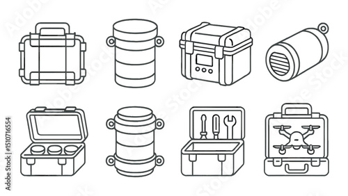 Marine research equipment icon set in linear style. ocean tools and exploration symbols