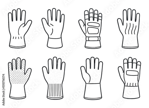 Work gloves icon set: linear style safety, protective, handwear symbols collection