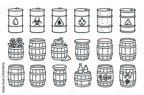 Industrial and decorative barrels icon set in silhouette style. containers and drums graphics