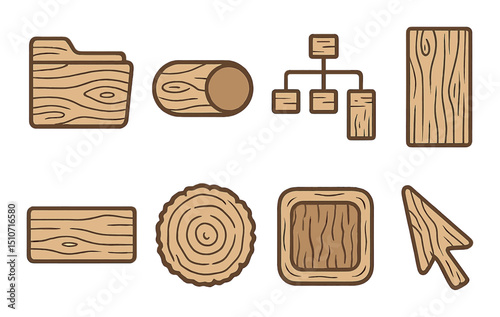 Wood-themed flat icon set. rustic ui and interface design elements