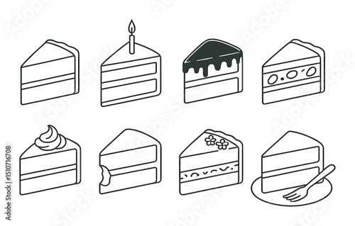 Cake slices icon set in linear style. dessert, pastry, and bakery symbols