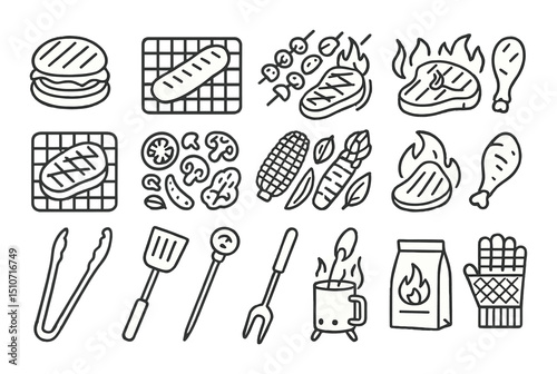Grill and barbecue silhouette icon set. cooking and outdoor dining symbols