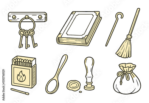 Tavern tools icon set in linear style. pub and bar essentials, medieval symbols