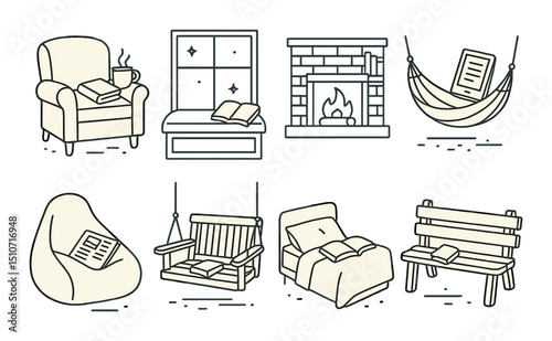 Cozy reading icon set in linear style. comfort, relaxation, and leisure symbols