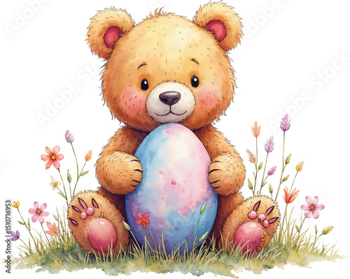 Bear holds a beautifully painted Easter egg in a watercolor style illustration with gentle colors perfect for Easter celebrations, kids illustration