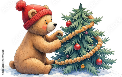 Bear in a red hat decorating a Christmas tree with garlands in warm colors for festive cheer, kids illustration