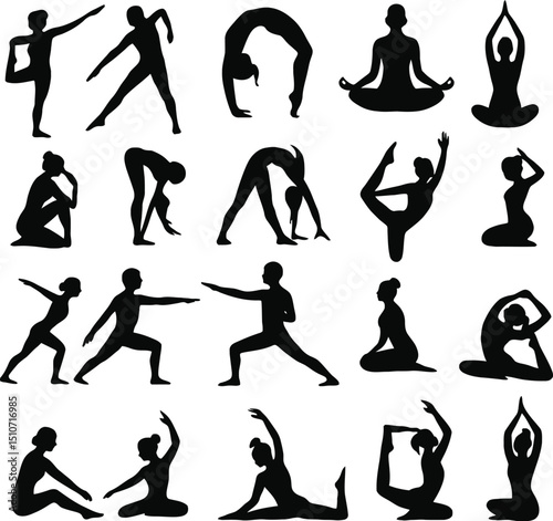 Yoga and fitness silhouette icons of women in various workout and dance poses