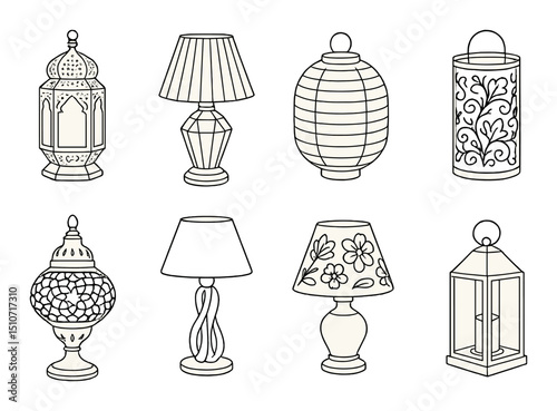 Decorative lamp linear icon set. lighting, home decor symbols for design projects