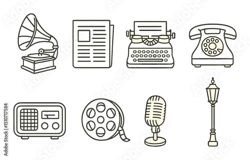Mafia era linear icon set. vintage crime symbols and retro gangster elements