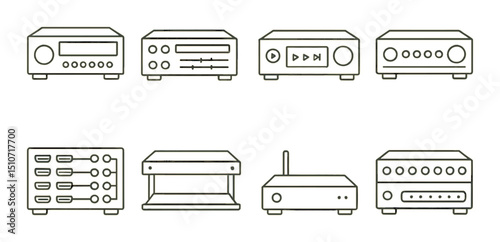 Audio and visual server components icon set. simple linear style includes system elements