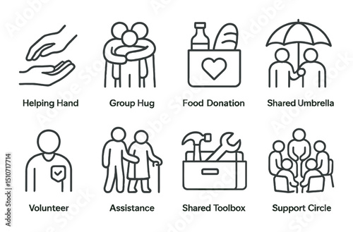Community support icon set in linear style: helping, volunteer, assistance symbols