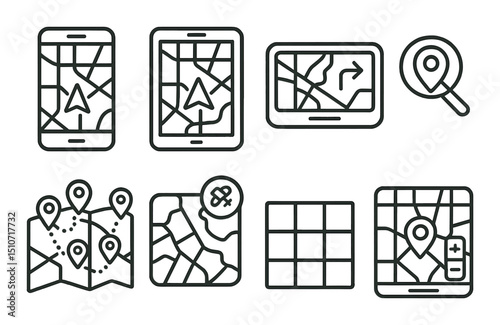 Digital map linear icon set. navigation and location symbols
