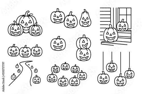 Halloween pumpkin icon set in linear style. jack-o'-lantern and autumn symbols
