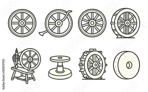 Historical wheels icon set in linear style. antique and vintage transport symbols