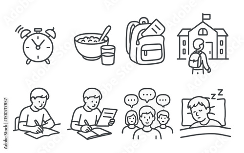 Student daily routine icon set: simple linear style symbols for education and school life