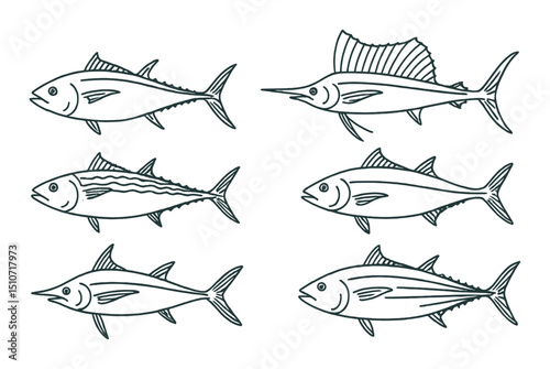 Pelagic fish linear icon set: marine symbols and ocean creature silhouettes