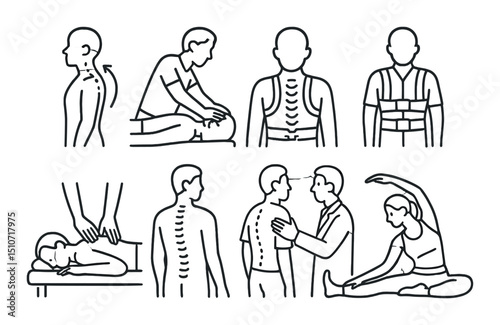 Spine health linear icon set. back wellness and posture correction symbols