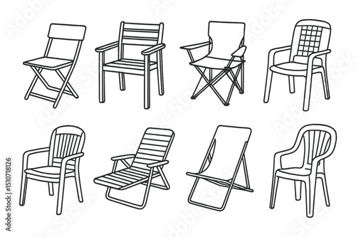 Outdoor chair silhouette icon set: simple seating, furniture, and garden symbols