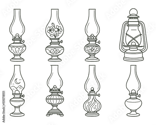 Decorative kerosene lamps icon set: linear style lighting and lantern symbols
