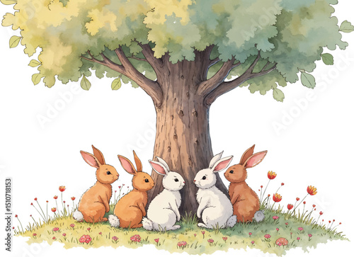 Bunny family gathering under a large tree in soft watercolor illustration celebrating Family Day, kids illustration