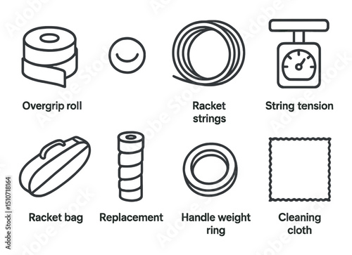 Tennis gear linear icon set. equipment, essentials, and accessories symbols