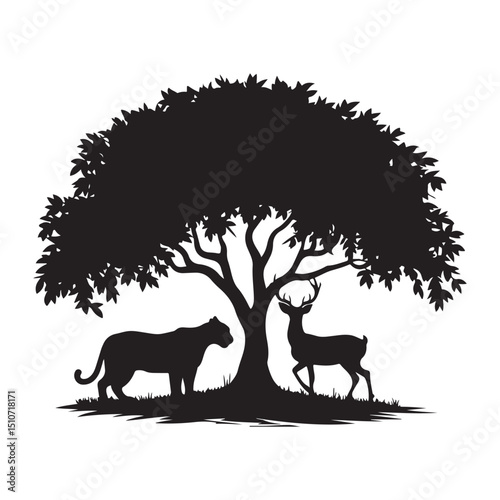 Tiger and deer under a tree silhouette