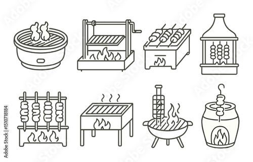 Grilling and barbecue linear icon set. outdoor cooking and roaster symbols