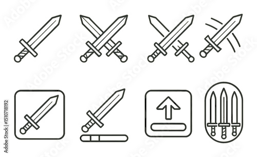 Sword icon set in linear style. simple weapon and combat symbols for ui design